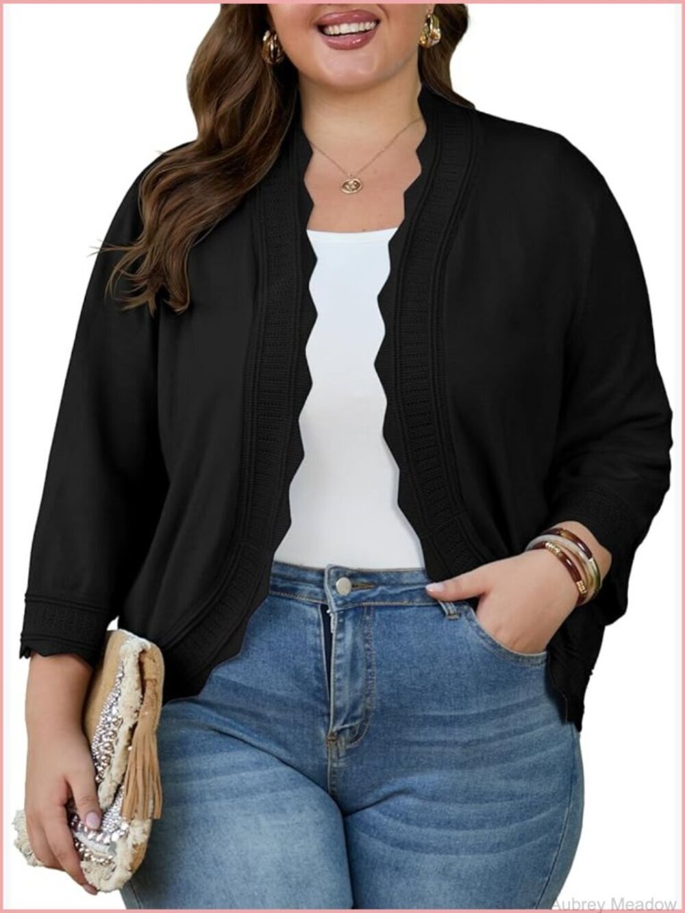 Plus Size Cropped Cardigan 3/4 Sleeve Open Front Ribbed Shrug Sweater